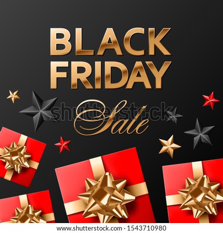 Black friday sale vector golden lettering on black background with red, gold and black stars and red covered gifts with golden bows. Square social media post or banner template.