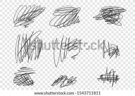 Random undigested scribbles vector illustrations set. Messy ink pen, black pencil strokes pack. Various thin line doodle drawings isolated on transparent backdrop. Childish scrawls collection