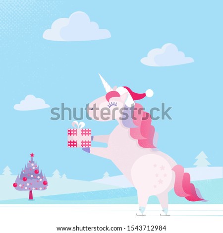 Christmas unicorn in a Santa Claus cap is carrying a gift in a festive box. Gentle pink and blue colors. Fairytale character skates. Flat cartoon style illustration with textures and gradients.