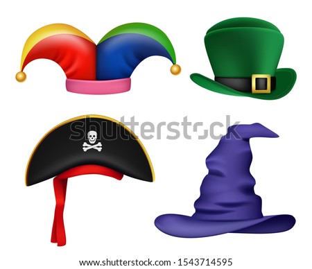 Masquerade hats. Funny colored costumes and masks clothing elements for party celebration vector realistic collection. Illustration carnival pirate and jester hat, funny clothing to holiday