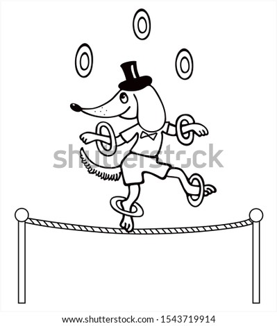 Cute dog in a costume is performing a circus show. Black and white vector for coloring, for card or gift. 