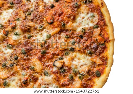 Italian pizza with shrimp, mussels, capers and mozzarella isolated on white background. Top view. Closeup