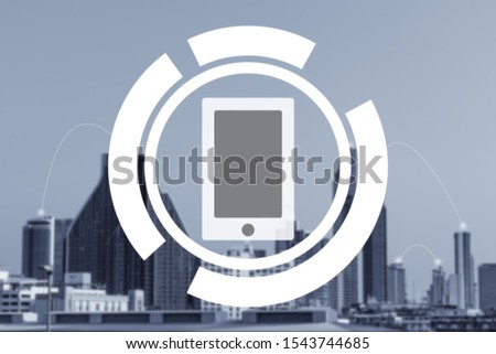 Mobile phone or device white icon with modern city background, communication network with smartphone, connection business concept.