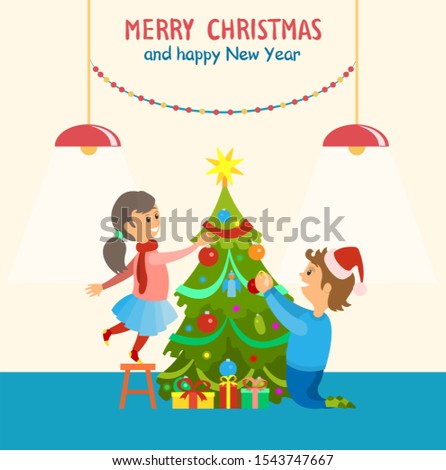 Merry Christmas and happy New Year, home decor raster. Family decorating pine tree with baubles garlands. Spruce with shiny star on top winter days