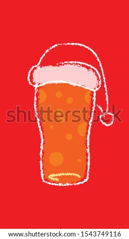 beer glass christmass with santa claus hat chalk hand drawing flat style illustration