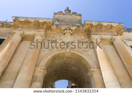 Cityscape in Lecce on July 13, 2018 Puglia Italy. Porta San Biagio, old gate of Lecce.