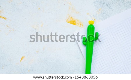 set of notebooks for notes and pens, succulent, cactus on a grey background Place for text Flat lay Top view, concept