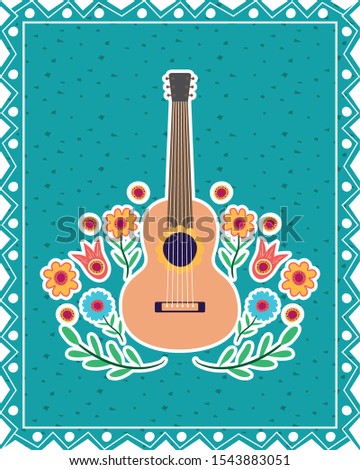 dia de los muertos card with guitar and flowers vector illustration design