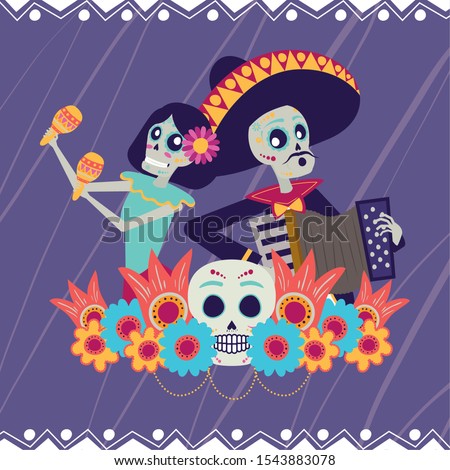 dia de los muertos card with catrina and mariachi playing accordion vector illustration