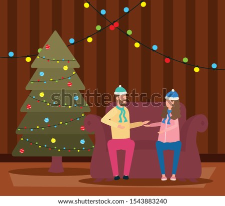 christmas couple celebrating in livingroom with pine tree vector illustration design