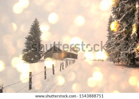 Church in the mountains in Switzerland pine trees covered with snow on frosty cloudy day. Beautiful winter scene with sparkling lights. Selective focus. Creative background for winter and Christmas.