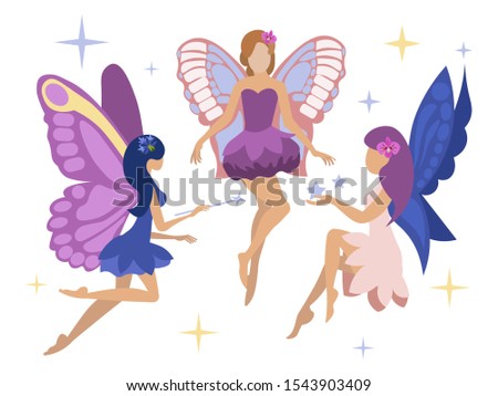 Set, three magic fairies. Isolated on a white background. Flat style. Cartoon vector illustration