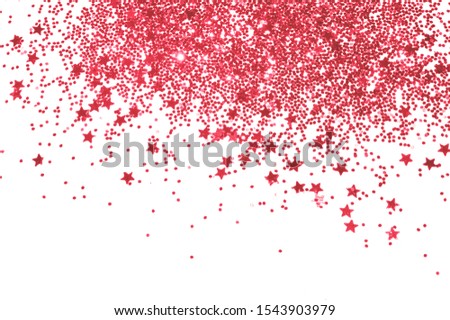 Red glitter and glittering stars on light gray background