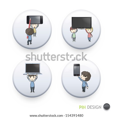 Kids holding PC, phone and TV printed on button. Vector design