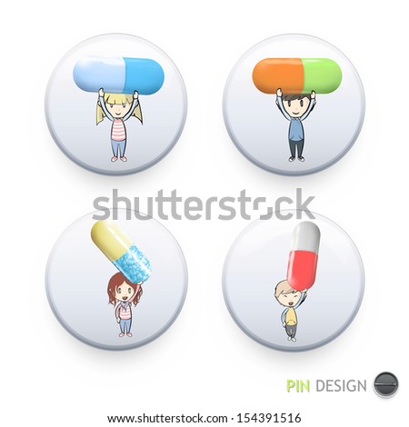 Friends holding colorful pill printed on button. Vector design