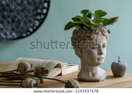 Stylish composition of interior design with modern cement sculpture pot, plants, book and elegant decoration on the wooden table. Close up. Modern living room. Eucalyptus color. Template.  