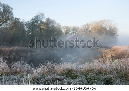 White frost on the grass, the first frost and fog over the lake.