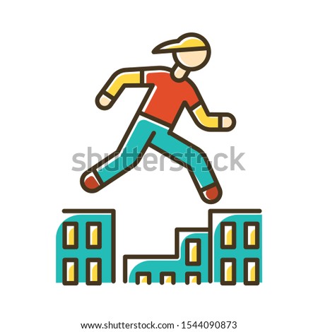 Parkour color icon. Traceur running in city environment. Traversing obstacles. Person jumping in urban space. Street workout. Extreme sport Isolated vector illustration