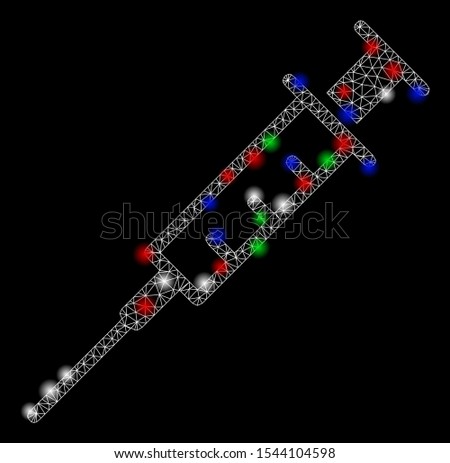 Bright mesh empty syringe with lightspot effect. White wire frame polygonal mesh in vector format on a black background. Abstract 2d mesh built from polygonal grid, small circle, colored glare spots.