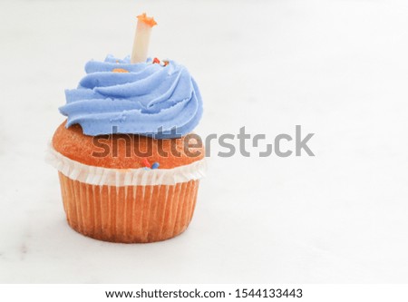 Teal birthday cupcake with butter cream icing isolated on white. - Image