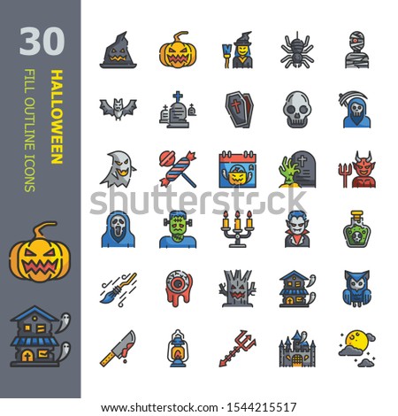 Halloween 30 Color Flat Outline icons set.Icon design for web design,mobile application,website and graphic design.