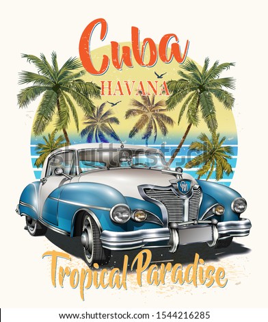 Cuba typography for t-shirt print with sun,beach and retro car.Vintage poster. Royalty-Free Stock Photo #1544216285