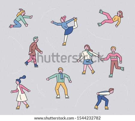 People who skate happily on the ice. flat design style minimal vector illustration.