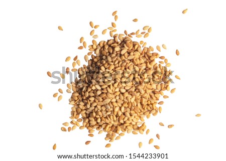 Macro shot of a raw white sesame seed isolated on white background. Top view. Food Background. A scattering of sesame seeds. Healthy food. Natural food. Royalty-Free Stock Photo #1544233901