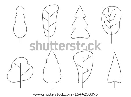 Tree icon set. Abstract outline trees silhouettes for nature, cartoon forest or garden design. Green plants. Vector illustration. 