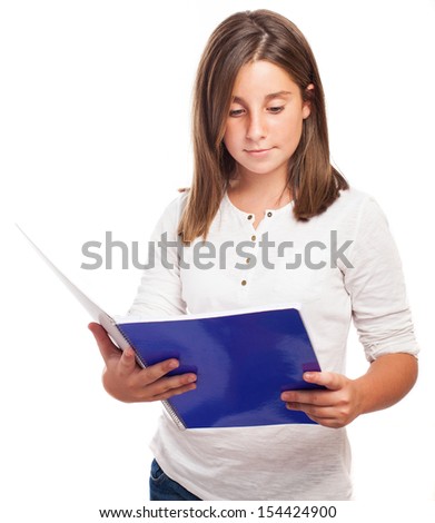 girl holding a blue notebook on a white background