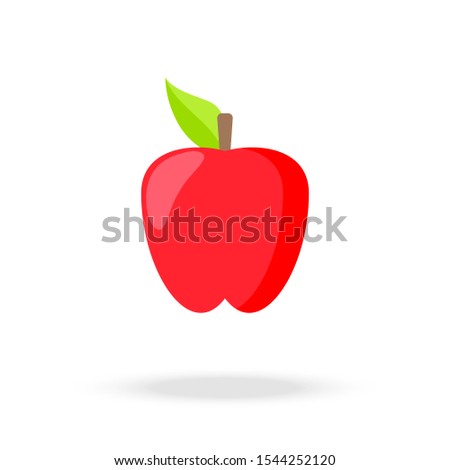 Red apple with stem and leaf. Healthy vegetarian food.  Element of education illustration.  Vector isolated illustration on white background