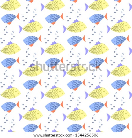  seamless pattern with blue and yellow sea fish. Funny cute drawing of a hand. Vector illustration