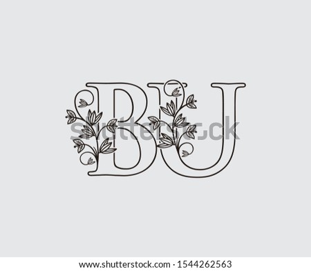 Letter B, U and BU Vintage Floral Logo Icon, overlapping monogram with hand drawn flower. Black color Logo on white background. Classy Letter Logo Icon.