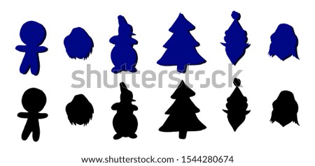Silhouette Christmas set vector that consists of gingerbread with Christmas tree and snowman with Santa Claus and snow maiden with happy boy. 