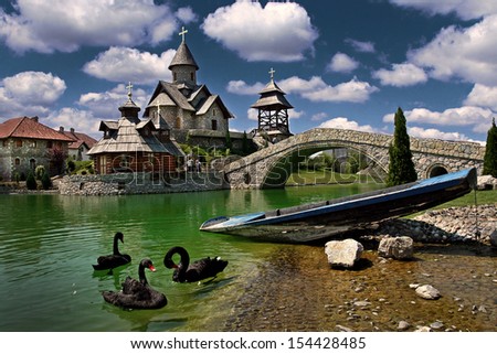 Medieval stone town beside lake