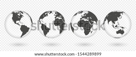 Set of transparent globes of Earth. Realistic world map in globe shape with transparent texture and shadow. Vector Royalty-Free Stock Photo #1544289899