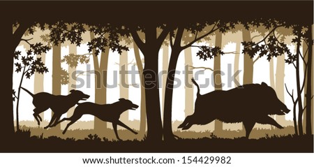 Illustration of two hunting dogs chasing a wild boar in deep forest. Editable vector illustration with elements as separate objects. 
