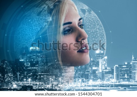 Double Exposure Image of Business Person on modern city background. Future business and communication technology concept. Surreal futuristic cityscape and abstract multiple exposure graphic interface.