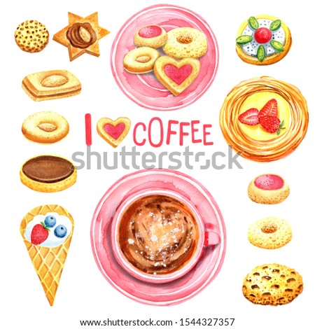 Clip art circle set Tea time, coffee  cakes, chocolate cake, love heart, strawberry cakes, cookies, cream 
cakes. Stock illustration. Isolated elements on white background. Hand painted in watercolor.