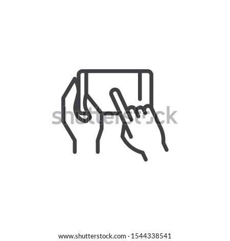 Hands using smartphone line icon. linear style sign for mobile concept and web design. Mobile phone touch screen outline vector icon. Symbol, logo illustration. Vector graphics