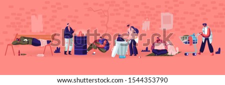 Male and Female Beggars Characters Wearing Ragged Clothing Pick Up Garbage on Street to Shopping Cart, Homeless Adult Poor People, Bums Begging Money and Need Help Cartoon Flat Vector Illustration Royalty-Free Stock Photo #1544353790