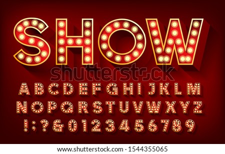 Show alphabet font. 3D letters and numbers with light bulbs and shadows. Vector typescript for your design. Royalty-Free Stock Photo #1544355065