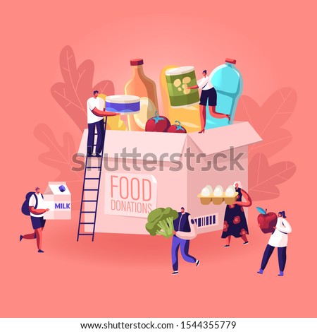 Tiny People Filling Cardboard Donation Box with Different Food and Products for Help to Poor People in Shelter, Support Social Care, Volunteering and Charity Concept. Cartoon Flat Vector Illustration
