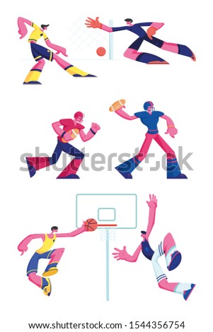 Set of Football, Rugby and Basketball Players Isolated on White Background. Attack Man Put Ball into Basket, Soccer Player Kicking Ball, Goalkeeper Catching. Cartoon Flat Vector Illustration, Clip Art