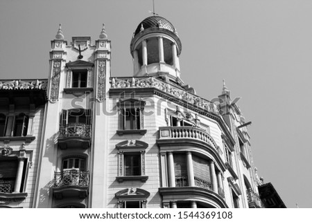 Old beautiful architecture at famous Avinguda Diagonal (Eixample district), Barcelona (Spain). Black and white vintage style.