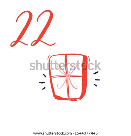Advent calendar, day 22. Cute hand drawn illustration, large handwritten number on white background. Christmas card design. Wrapped with bow gift, present symbol.