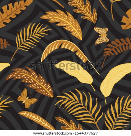 Golden and Chocolate Vector Leaves in Grayscale Geometric Background. Seamless Illustration Gold Butterfly Tropical Wallpaper. Beauty Foliage in Autumn Color. Repeat Fabric Exotic Pattern Backdrop