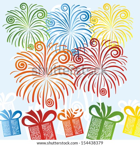 Firework gifts happy birthday greeting card vector illustration