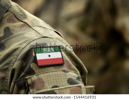 Flag of Somaliland on military uniform. Army, troops, soldiers. Collage.