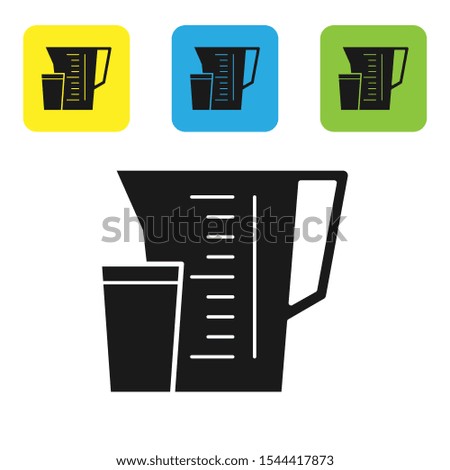 Black Measuring cup to measure dry and liquid food icon isolated on white background. Plastic graduated beaker with handle. Set icons colorful square buttons. Vector Illustration